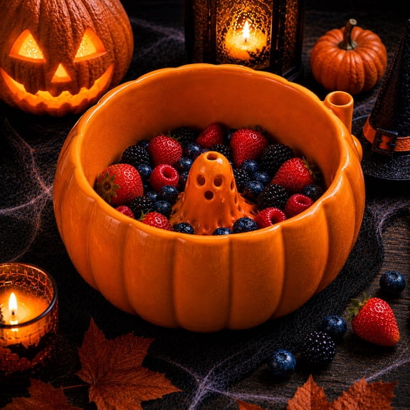 Pumpkin Shaped Candy Bowl with Ghost Drain Insert Halloween Decorations, Glossy Glazed Serving Bowl for Kitchen Counter Mantel Candy Station Displays