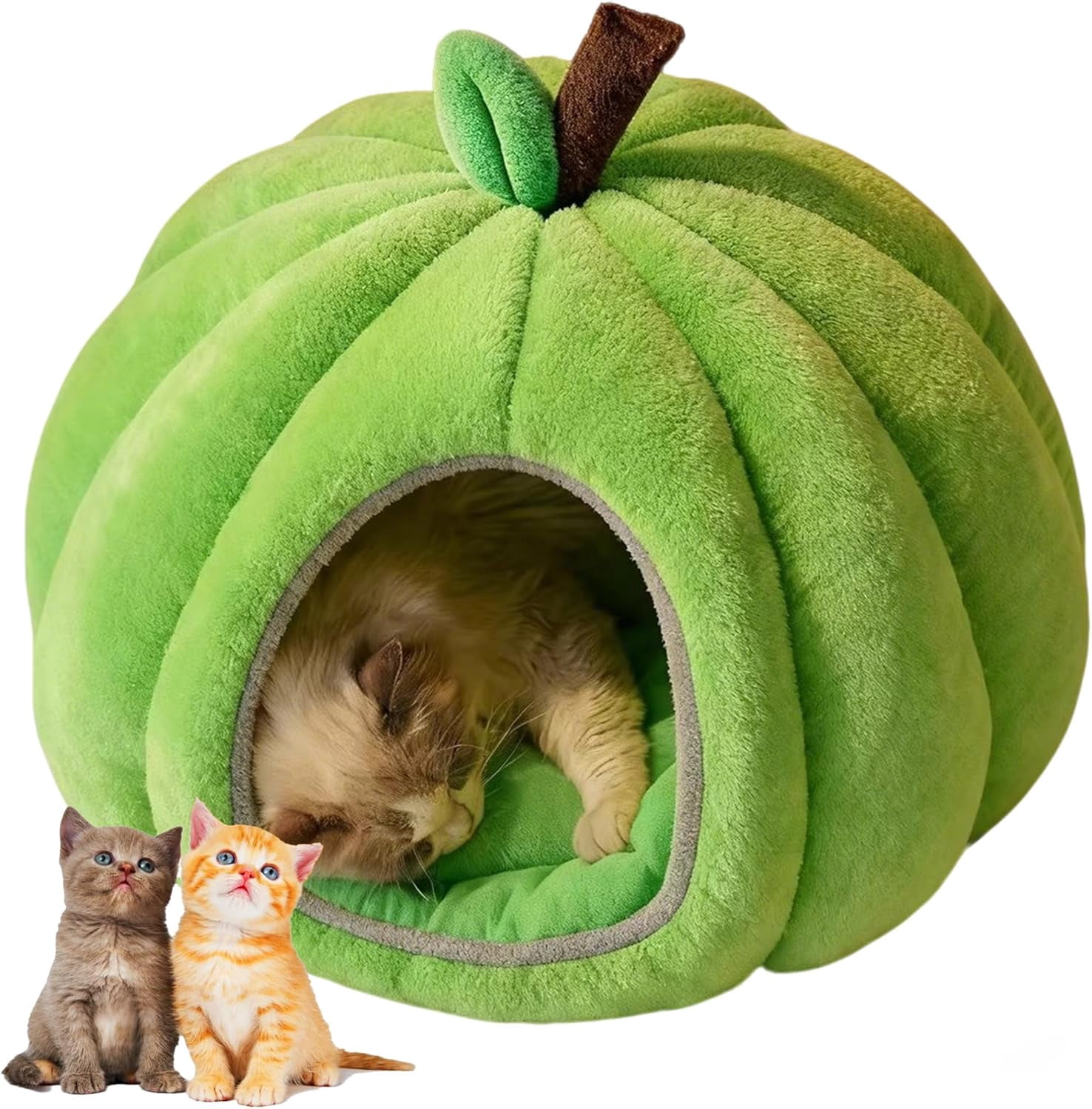 Pumpkin-Shaped Cat Bed with Removable Cushion, Cozy Cat Cave Tent for Indoor Cats, Cute Feline House for Small Pets
