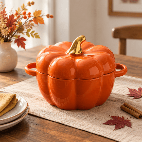 Pumpkin Shaped Ceramic Casserole Pot, 5.31 x 5.31 x 5.31 Inches