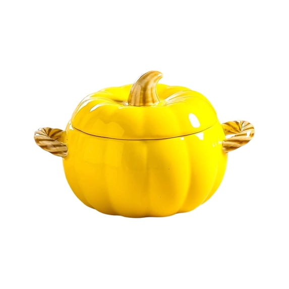 Pumpkin Shaped Ceramic Casserole Pot with Lid & Double Handles, Oven Safe Soup Bowl, Decor Cookware for Halloween Dinner