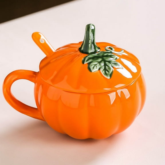 Pumpkin Shaped Ceramic Mug with Lid & Detachable Spoon - Halloween Themed Cup for Coffee Hot Chocolate, for Thanksgiving Fall Decor (Orange)