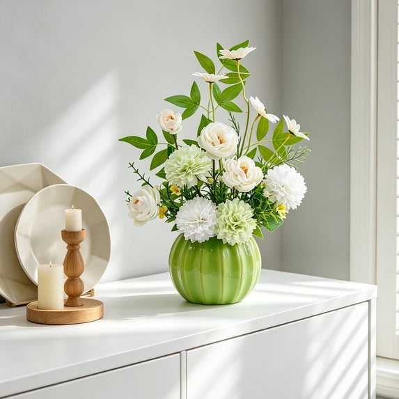 Pumpkin-Shaped Ceramic Vase with Handmade Silk Flower Arrangement for Living Room, Dining Table, and Home Decor Green