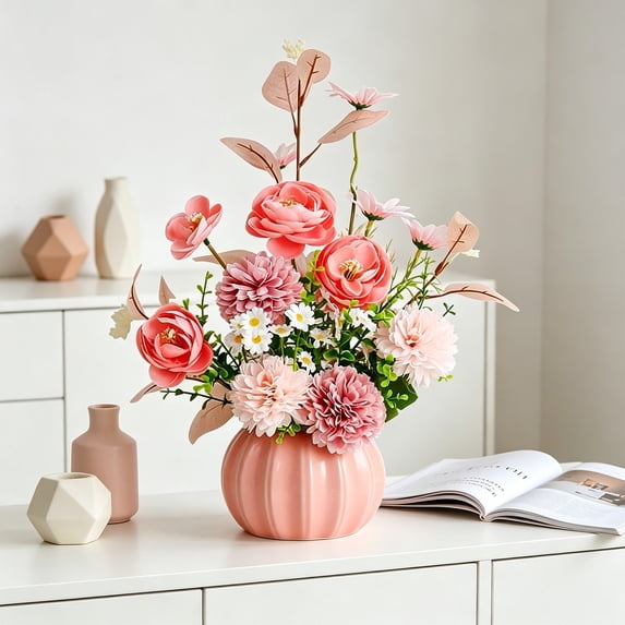 Pumpkin-Shaped Ceramic Vase with Handmade Silk Flower Arrangement for Living Room, Dining Table, and Home Decor Pink