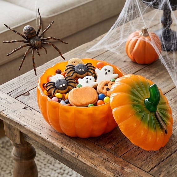 Pumpkin Shaped Glass Fruit Bowl with Lid, Multipurpose Serving and Storage Container for Candy Snacks, Halloween Thanksgiving Table Decoration for Kitchen Dining Party and Family Gatherings, Orange