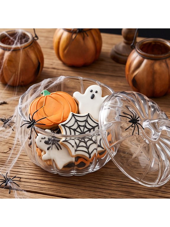Pumpkin Shaped Glass Fruit Bowl with Lid, Multipurpose Storage Container and Decorative Ornament with Clear Design and Compact Size, Halloween Thanksgiving Decor for Home Party Table and Countertop