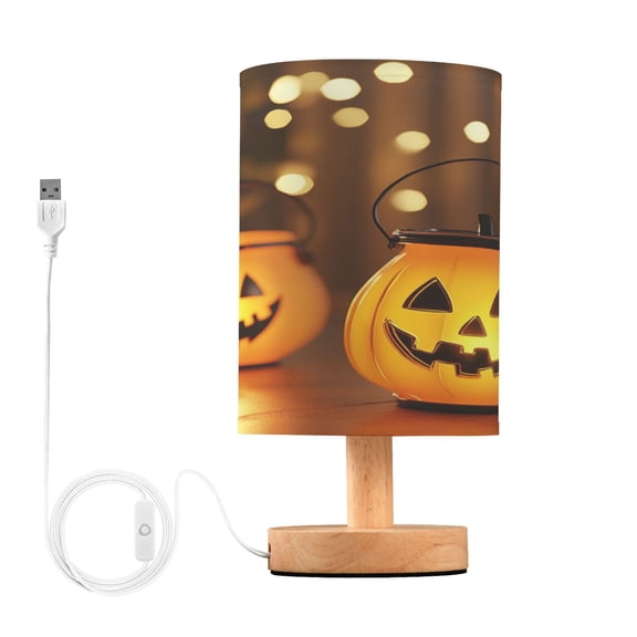 Pumpkin Shaped Jar and Bucket Small Lamp Printed Gifts Table Lamp USB Bedside Desk Nightstand Lamp Wood Base for Bedroom Living Room Office Desk College Dorm