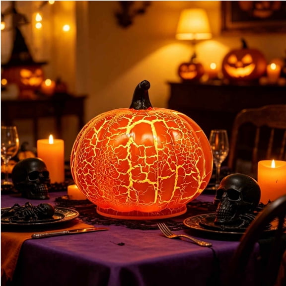Pumpkin Shaped LED Lantern, Halloween Glowing Desktop Decor, Spooky Party Props for Tabletop, Battery Operated Jack-o'-Lantern with Flickering Light, Fall Harvest Centerpiece, B