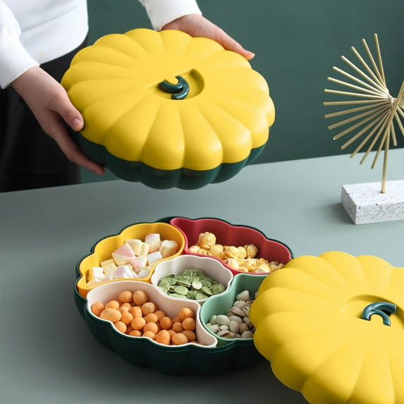 Pumpkin Shaped Party Snacks Serving Tray Appetizer Plates Snack Bowls with Lid,Separable Colored Pumpkin Fruit Nut Bowl,5 Compartment Food Storage Organizer for Halloween Christmas Party