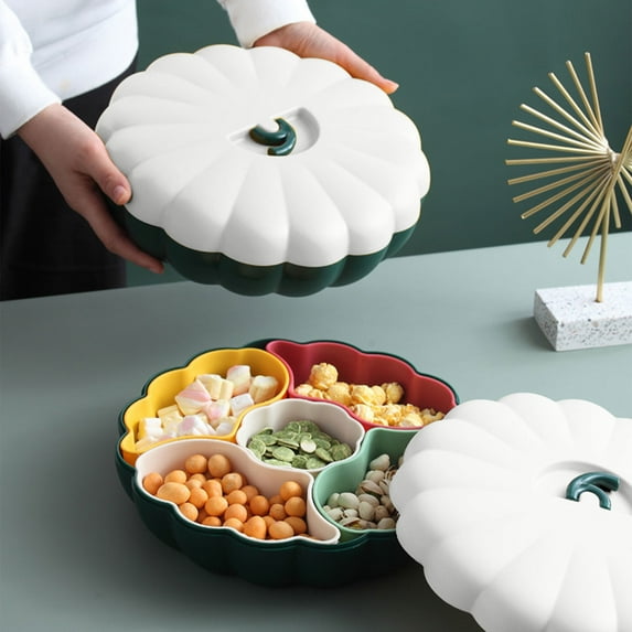 Pumpkin Shaped Party Snacks Serving Tray Appetizer Plates Snack Bowls with Lid,Separable Colored Pumpkin Fruit Nut Bowl,5 Compartment Food Storage Organizer for Halloween Christmas Party