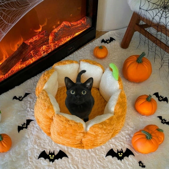 Pumpkin-Shaped Pet Bed Mat - Non-Slip Dog Cat Cushion Reversible Plush Sleeping Pad Washable Small Animal Bedding Seasonal Decor(M)