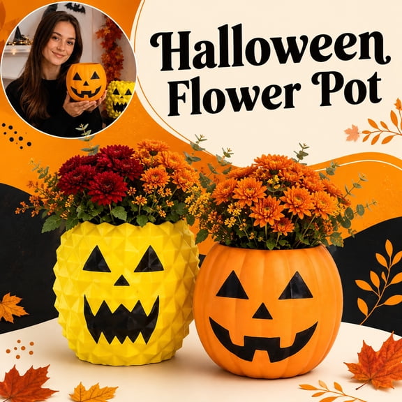 Pumpkin-Shaped Planter with Jack-O'-Lantern Face – Small Resin Succulent Pot for Indoor Outdoor Tabletop Decor, Halloween Home Garden Party Display, Shelf Windowsill Desk Accent
