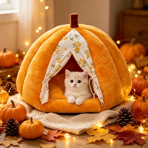 Pumpkin Shaped Semi-Enclosed Pet Bed, Warm Cozy Sleeping House for Small Medium Cats Dogs