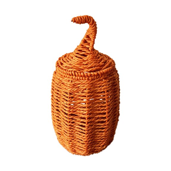 Pumpkin-Shaped Woven Rattan Storage Basket with Lid, Decorative Dustproof Organizer for Candy Fruit Sundries, Halloween Home Shelf Tabletop Storage Container, Storage, Orange