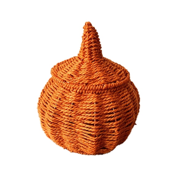 Pumpkin Shaped Woven Storage Basket with Lid, Imitation Rattan Handwoven Oval Container, Candy and Fruit Holder, Halloween Festive Organizer for Table, Household Sundries Use, 9.06"x11.42"