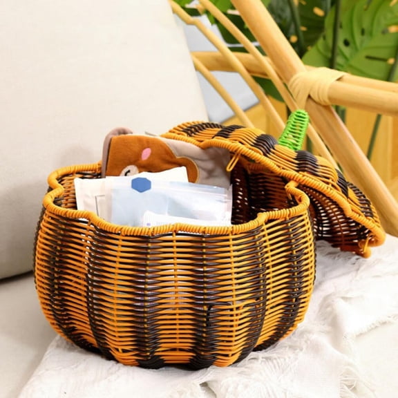 Pumpkin Shaped Woven Storage Basket with Lid, Imitation Rattan Handwoven Oval Container, Candy and Fruit Holder, Halloween Festive Organizer for Table, Household Sundries Use