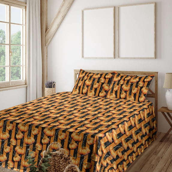 Ambesonne Pumpkin Fitted & Flat Sheet with Sham 3 Pcs Set, Autumnal Branches Harvest, Twin, Marigold Black Fern Green