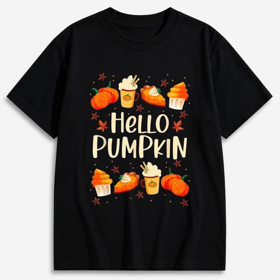 Pumpkin Shirts for Women, Hello Pumpkin Coffee Graphic T-Shirt, Short Sleeve Fall Shirt