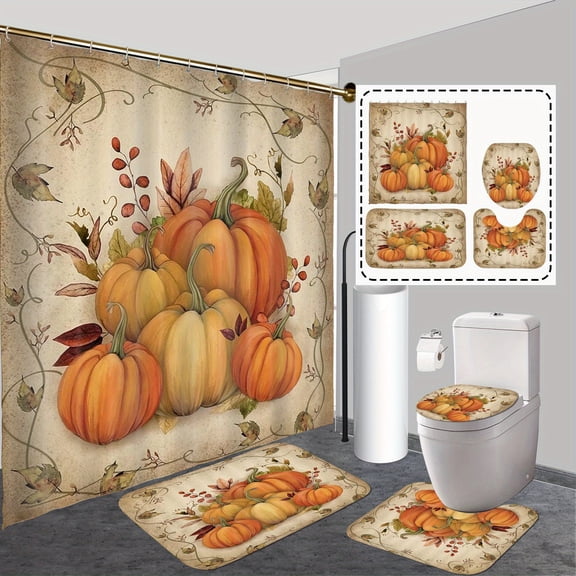 Pumpkin Shower Curtain Set Fall Bathroom SetThanksgiving Bathroom Decor Set Autumn Shower Curtain Set with Rugs with 12 Hooks 72x72 inch