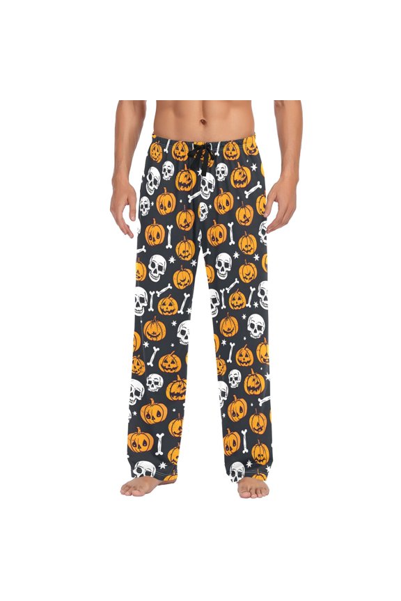 Pumpkin Skeleton Halloween Men's Pajama Pants Cotton Long Sleepwear Lounge Pants L