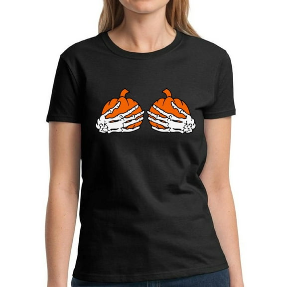 Pumpkin Skeleton Hand Halloween T Shirt for Women - S M L XL 2XL 3XL Graphic Tee - Scary Halloween Outfit Gift Funny Holiday Tee T-Shirt Ladies