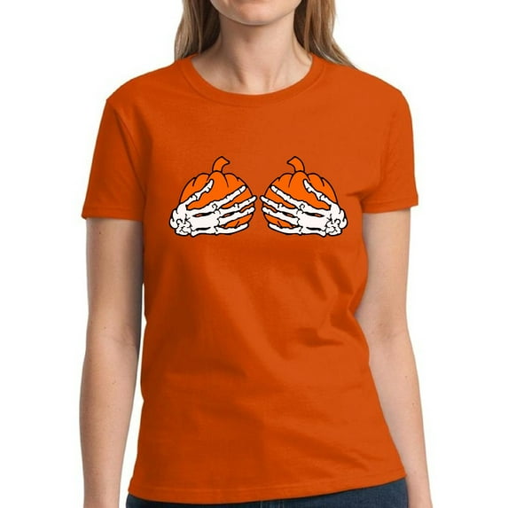 Pumpkin Skeleton Hand Halloween T Shirt for Women - S M L XL 2XL 3XL Graphic Tee - Scary Halloween Outfit Gift Funny Holiday Tee T-Shirt Ladies