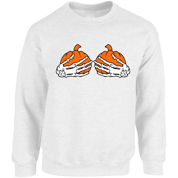 Pumpkin Skeleton Hand Unisex Sweatshirt Halloween Sweater for Her Him - S M L XL 2XL 3XL 4XL 5XL Graphic Tee - Women Men Crewneck Funny Happy Halloween Holiday Gift