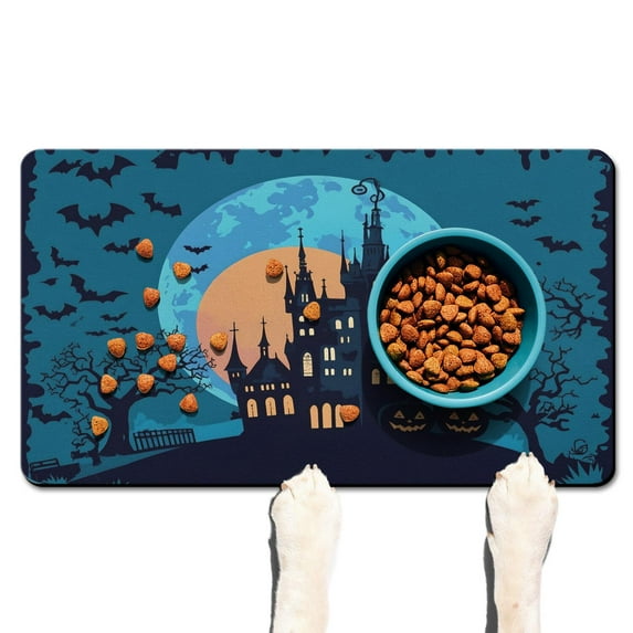 Pumpkin Skull Bat Spider Dog Mat for Food and Water Happy Halloween Absorbent No-Slip 17x30 Inch Dog Bowl Mat Cat Feeding Mat Dog Water Bowl Mat for Messy Drinker
