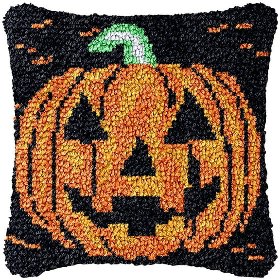 Pumpkin Skull Latch Hook Kits Pillow DIY Rug Cushion Making Kits with preprinted Pattern Canvas Instruction Yarns and Latch Hooking Pillow Cover Easy to Start DIY Home Decor Kits 43x43cm