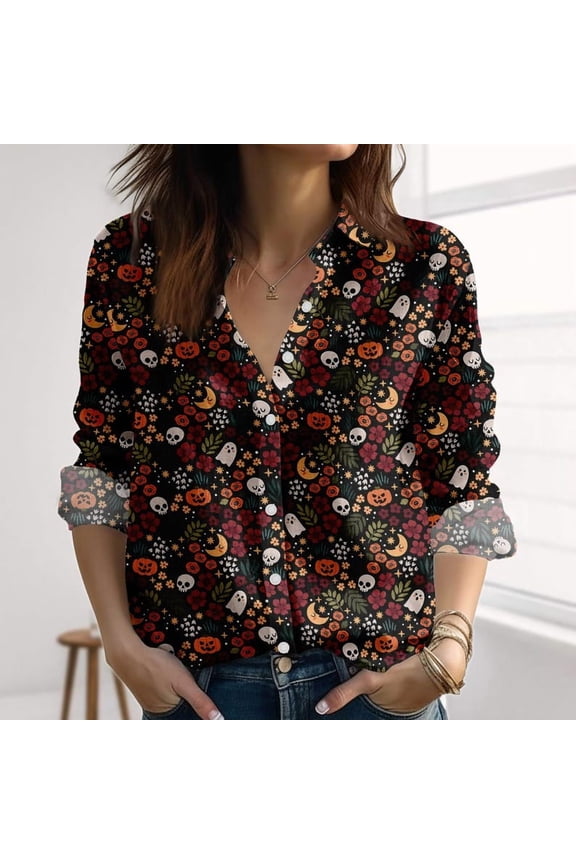 Pumpkin Skull Linen-Look Shirt, Halloween Floral Shirt for Women, Cute Spooky Season Blouse Shirt, Witchy Button Shirt For Her, Button Up Shirt