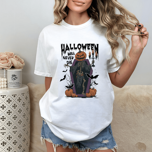 Halloween "Never Die" Print Season Short-sleeved round-neck Soft fashionable casual White S-5XL