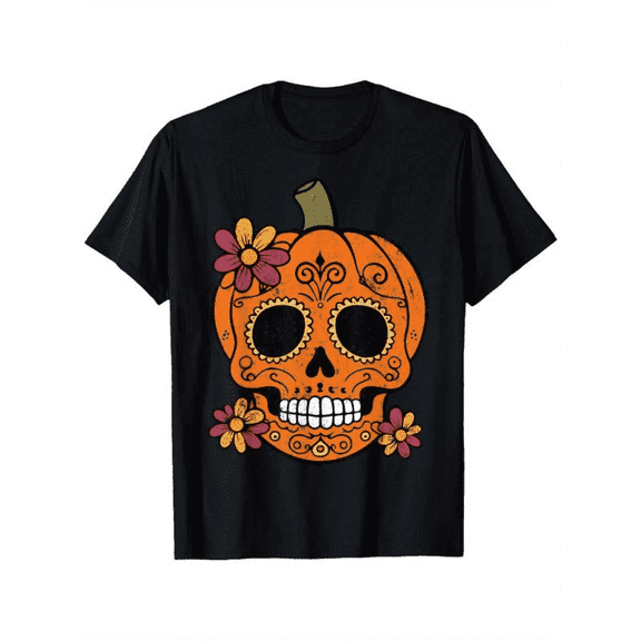 Pumpkin Skull Women's Halloween T-Shirt - Day of the Dead Inspired Design