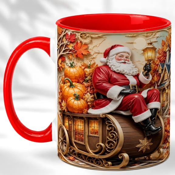 Pumpkin Sleigh Santa Coffee Mug, Autumn Holiday Mug, Ceramic 11 oz