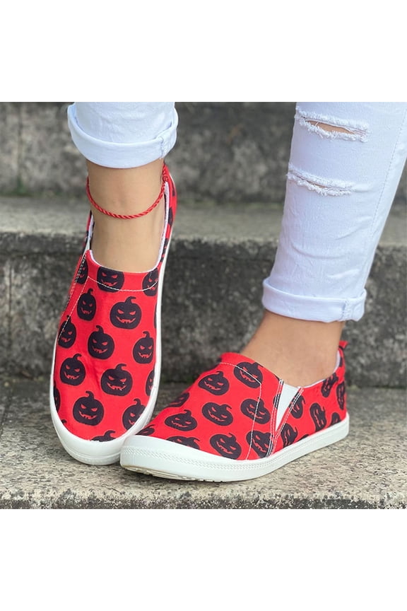 All Over Pumpkin Slip On Flats, Halloween Jack O Lantern Canvas Shoes, Women All Over Pumpkin Print Slip On Canvas Shoes Elastic Gore Low Top Halloween Fall Casual Comfort Walking Flats, Red 6