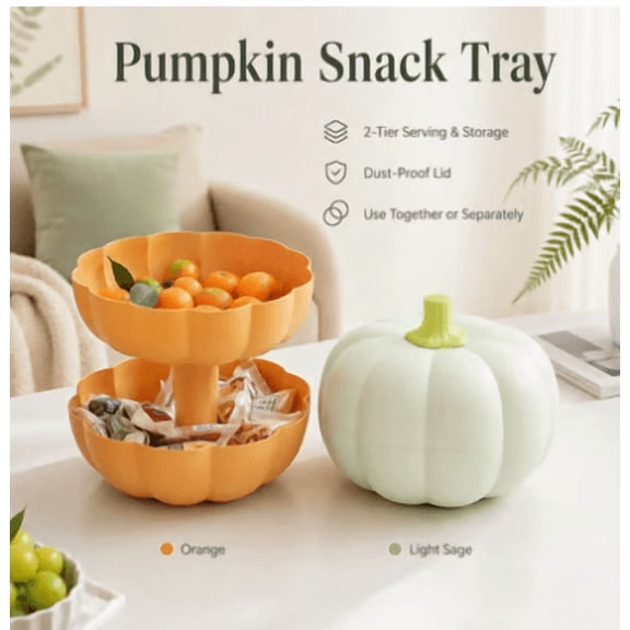 Pumpkin Snack Bowl with Lid Double Layer Halloween Serving Tray, Rotating Candy Chip Nut Holder with Handle, Fall Thanksgiving Decor Party Snack Container for Treats
