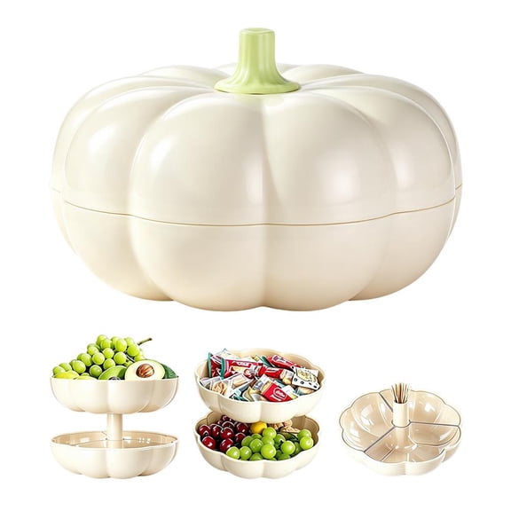 Pumpkin Snack Container, Beige Large Divided Tray with Lid, Fruit and Nut Holder, Style B