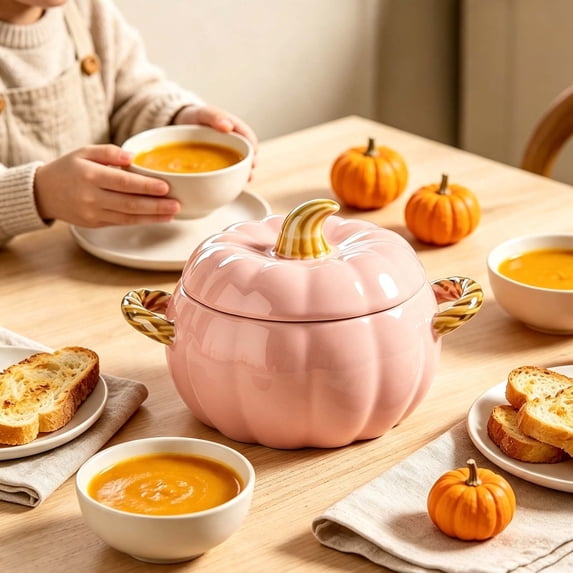 Pumpkin Soup Bowl, Ceramic Pumpkin Pot Microwave & Dishwasher Safe Casserole Dish with Lid, Dutch Oven Pot Stockpot Cookware for Home Thanksgiving Halloween Party