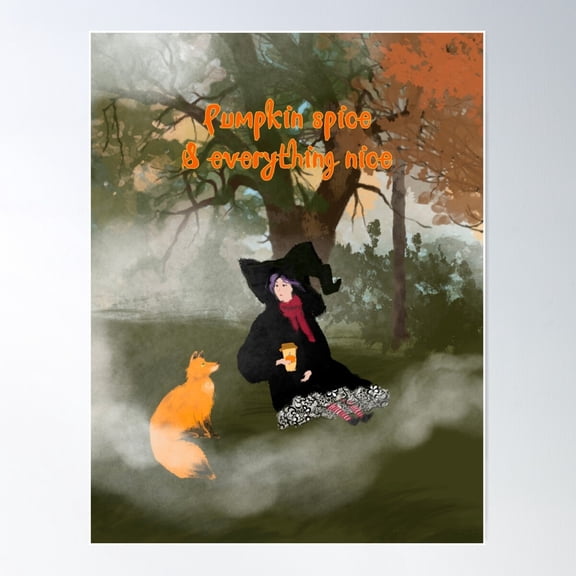 Pumpkin Spice And Everything Nice Witch And Fox Poster Wall Art, Modern Wall Decor For Living Room Bedroom, 8x12 UNFRAMED