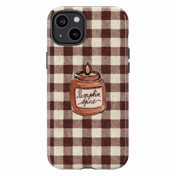 Pumpkin Spice Candle Phone Case, Rustic Autumn Fall Gingham Plaid Pattern iPhone Cover for iPhone 17 16 15 14 13 12 11 Pro Plus Mini
