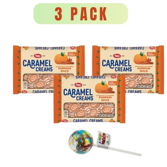 Pumpkin Spice Caramel Creams Limited Edition, Individually Wrapped Candy, Perfect for Stocking Stuffers, Gift Baskets, Party Favors & Fall Celebrations 4oz 3-Pack with Bonus Lollipop