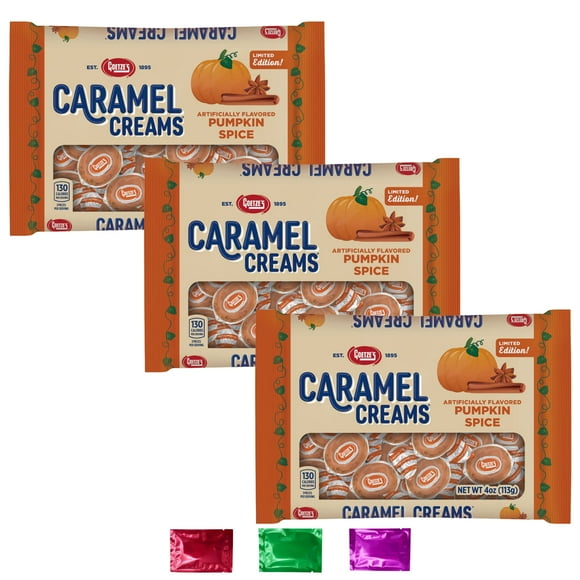 Pumpkin Spice Caramel Creams, Limited Edition Individually Wrapped Candy for Stocking Stuffers Gift Basket Party Favor Fall Thanksgiving Halloween 4oz 3 Pack w/ Bonus Snoep in Beperkte Oplage