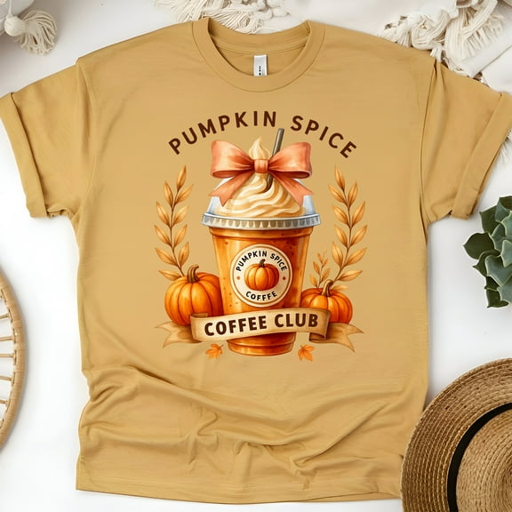 Pumpkin Spice Coffee Club T-Shirt | Fall Latte Lovers Graphic Tee for Women, Gold, Size M