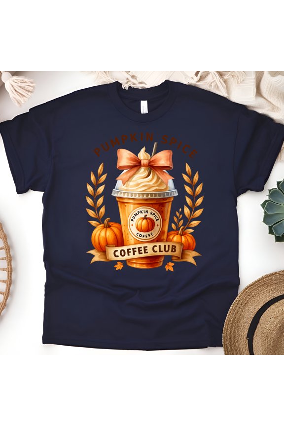 Pumpkin Spice Coffee Club T-Shirt | Fall Latte Lovers Graphic Tee for Women, Navy, Size S