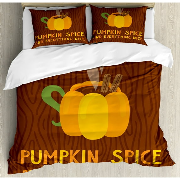 Pumpkin Spice Duvet Cover Set King Size, Coffee in Pumpkin Carved Mug on Wooden Background Cozy Autumn Feel, Decorative 3 Piece Bedding Set with 2 Pillow Shams, Orange and Redwood, by Ambesonne