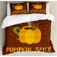 thumbnail image 1 of Pumpkin Spice Duvet Cover Set Queen Size, Coffee in Pumpkin Carved Mug on Wooden Background Cozy Autumn Feel, Decorative 3 Piece Bedding Set with 2 Pillow Shams, Orange and Redwood, by Ambesonne, 1 of 3