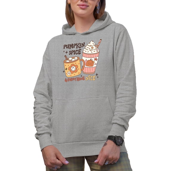 Pumpkin Spice & Everything Nice, Retro Autumn or Fall Drinks Art Merch Gift, Heather Grey Hooded Sweatshirt or Hoodie, Small