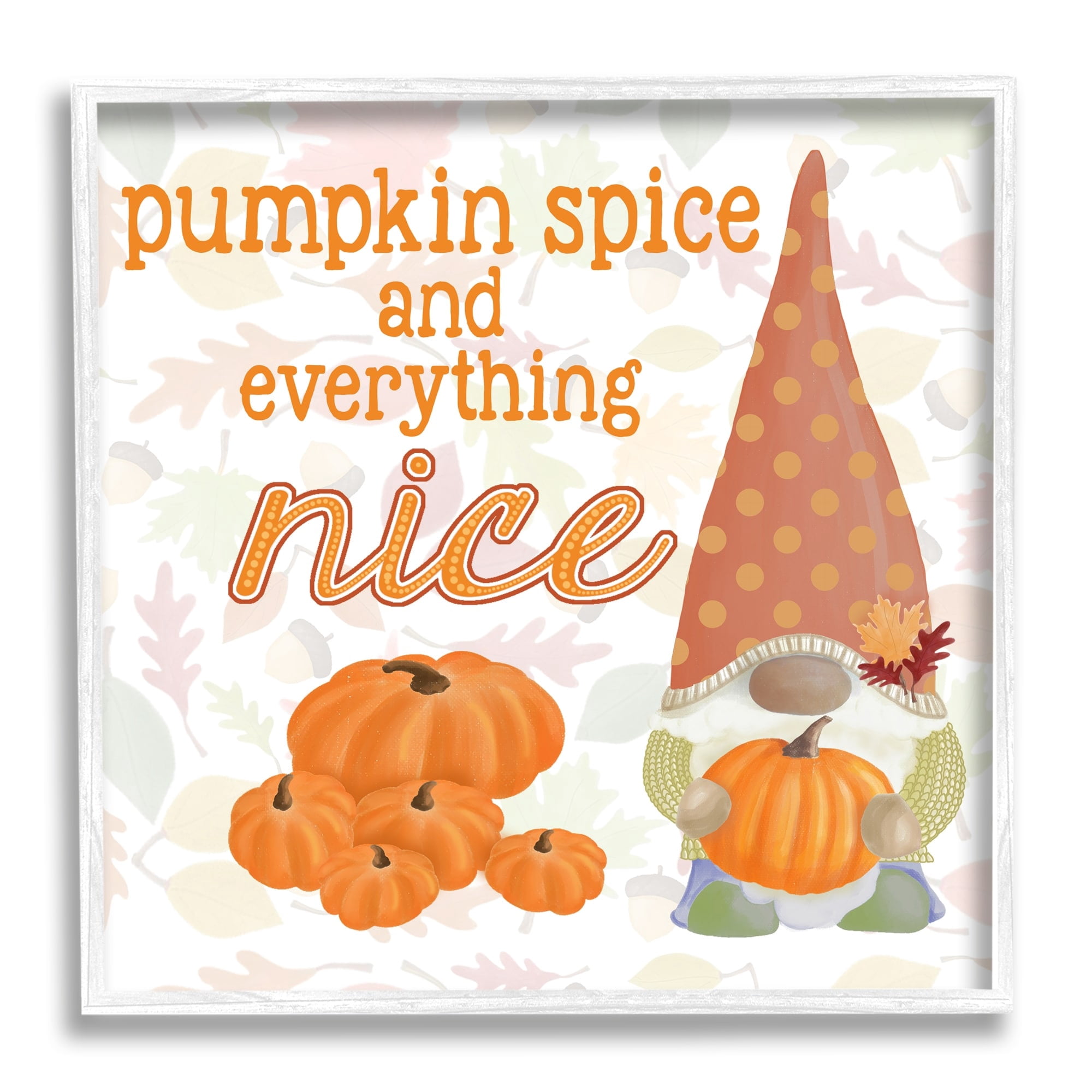 Pumpkin Spice Garden Gnome Patterned Autumn Botanicals Inspirational Graphic Art Framed Art Print Wall Art
