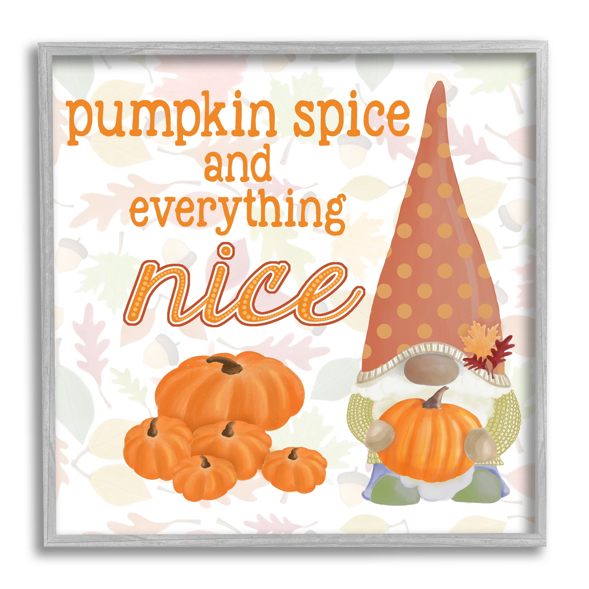 Pumpkin Spice Garden Gnome Patterned Autumn Botanicals Inspirational Graphic Art Framed Art Print Wall Art