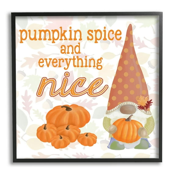 Pumpkin Spice Garden Gnome Patterned Autumn Botanicals Inspirational Graphic Art Framed Art Print Wall Art
