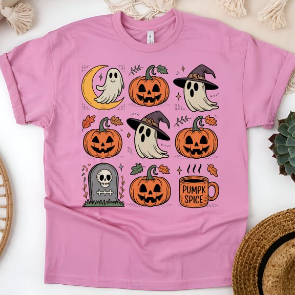 Pumpkin Spice Halloween Shirt | Cute Ghost and Jack O’Lantern Fall Tee, Azalea, Size S