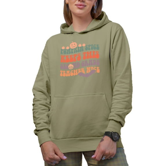 Pumpkin Spice Keeps This Second Grade Teacher Nice, Fall Themed Quote, Groovy Retro Wavy Text Merch Gift, Sand Hooded Sweatshirt or Hoodie, XL